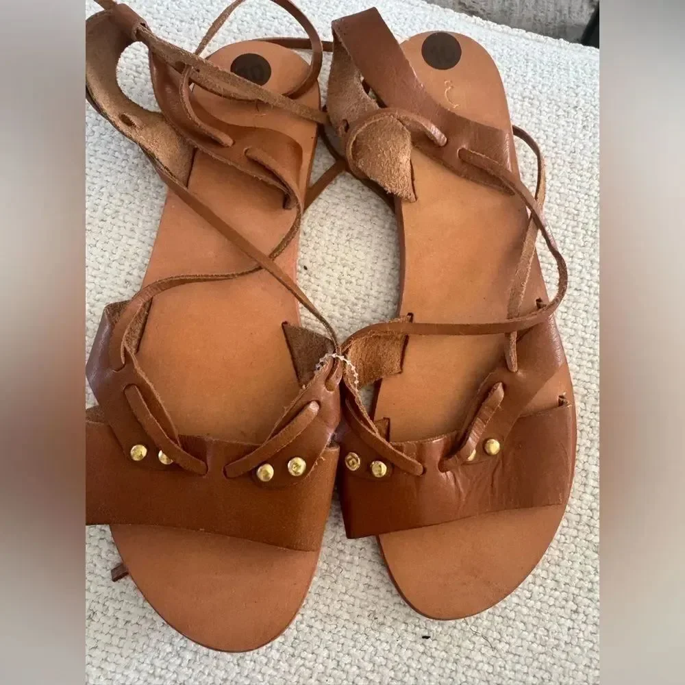 Urge Wrap XENA Gladiator Sandals Tan Leather Flat Ankle Tie Urban Outfitters